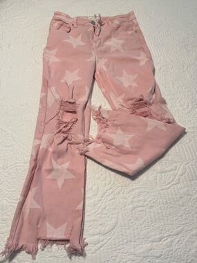 Pink Risen Star-Print Distressed Women’s Jeans